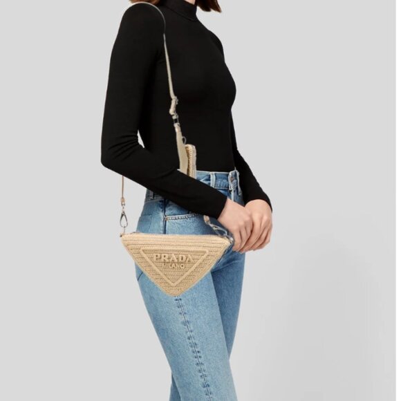 Prada Handbags - Prada Beige Raffia Triangle Shoulder Bag NWT and dustbag $3500 SOLD OUT